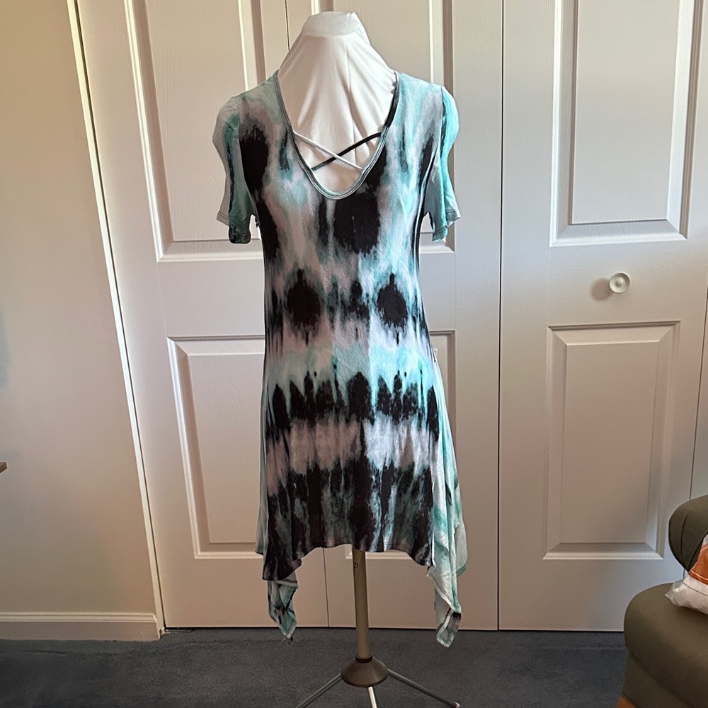 Chic Asymmetrical Tie-Dye Dress - Aqua and Black